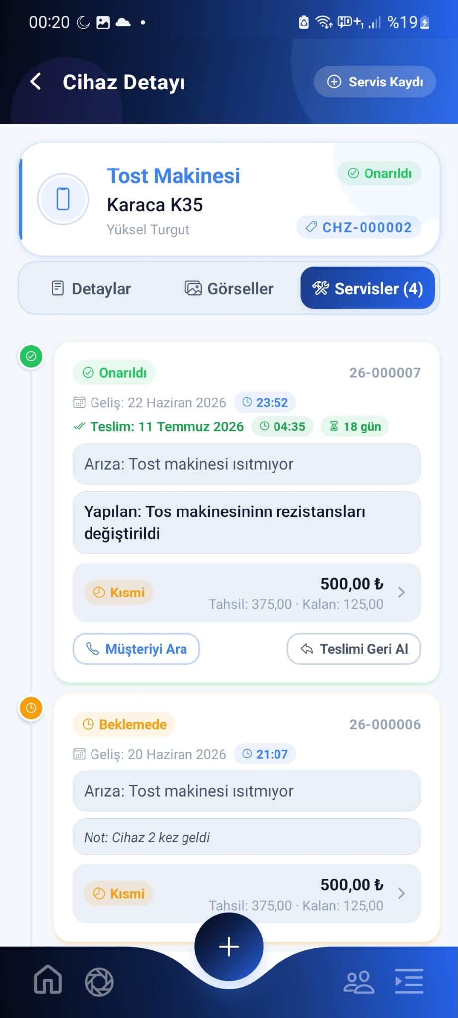 Servis geçmişi
